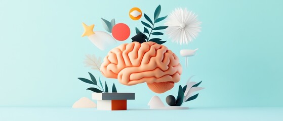 A futuristic brain surrounded by symbols of wellness and fitness, representing a healthy brain and cognitive function .