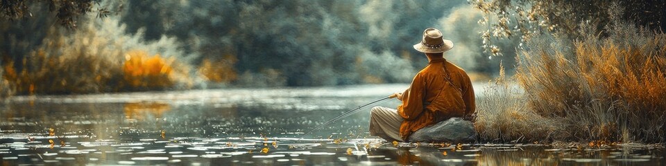 A man fishing in a pond with finely crafted jewelry on his outfit