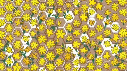 Bee honey seamless pattern Honeycomb floral yellow template background Decorative kids fabric textile design Cute hand drawn flower bouquet Yellow decorative endless paper. Printable illustration.
