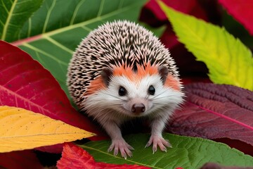 Charming Coral Hedgehog Exploring Vibrant Autumn Leaves