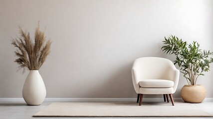 Minimalist living room with white vintage armchair carpet and elegant home decor including a dry plant in a vase against a copy space wall