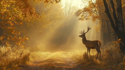 A deer stands on a sunlit path in a misty autumn forest 