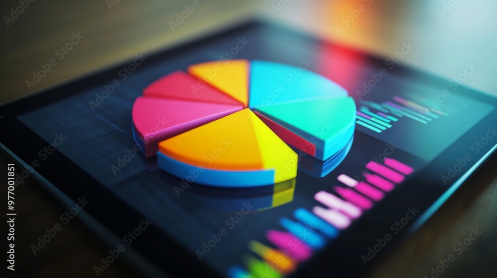 Fototapete A 3D pie chart displayed on a digital tablet screen, showing different data segments with vibrant colors and a clean, tech-focused environment.