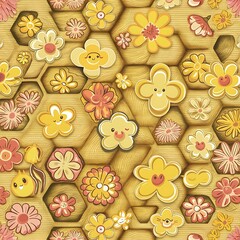 Bee honey seamless pattern Honeycomb floral yellow template background Decorative kids fabric textile design Cute hand drawn flower bouquet Yellow decorative endless paper. Printable illustration.