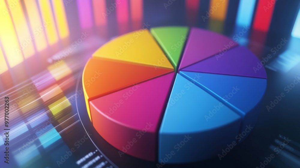 Leinwandbilder A 3D pie chart visualizing market share data, with vibrant segments and percentages, displayed on a large interactive screen during a business presentation.