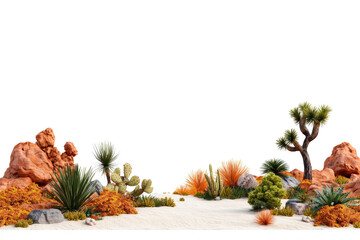 Colorful desert landscape with various cacti and rocks on a white background