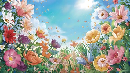 Flowers blossoming on blue sky background