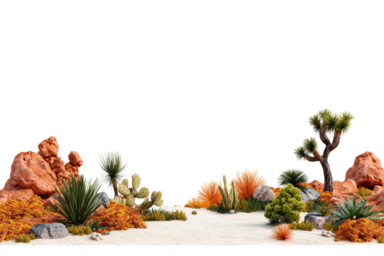 Colorful desert landscape with various cacti and rocks on a white background - Powered by Adobe