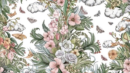 Seamless pattern of pastel flowers, greenery, cotton, moths and butterflies, hand drawn illustration on white background