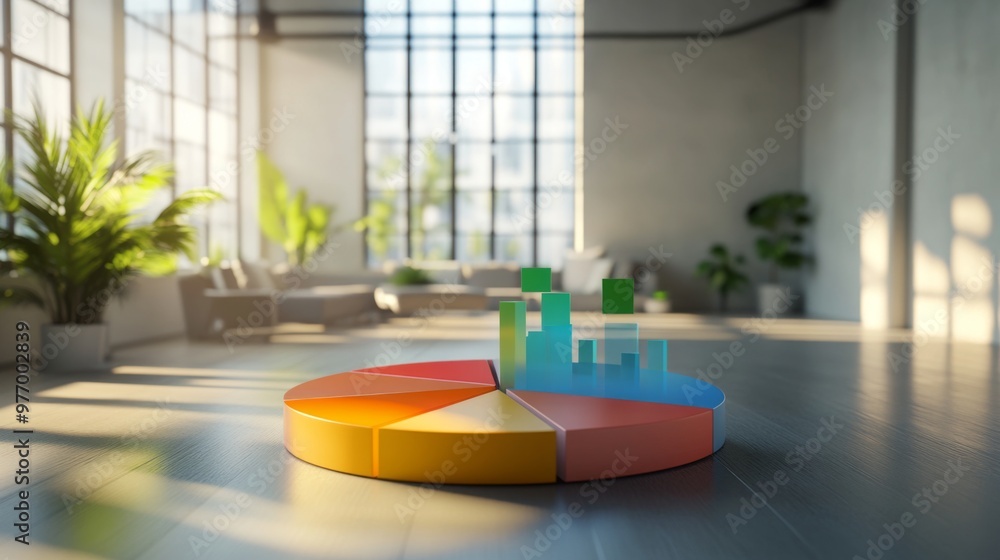 Poster a 3d pie chart with interactive data labels popping out, set against a modern office background to s