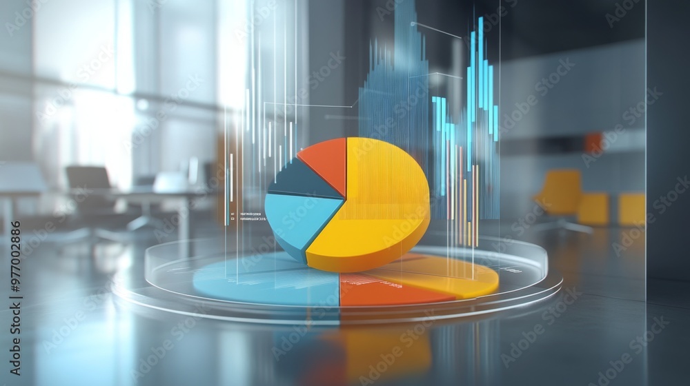 Leinwandbilder a 3d pie chart with interactive data labels popping out, set against a modern office background to s