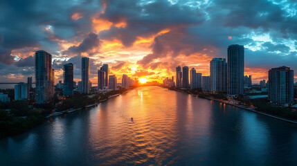 Fototapeta premium A vibrant, colorful sunset over a cityscape with a river running through it, casting a warm glow over the scene.