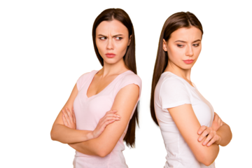 Portrait of nice-looking cute charming attractive irritated annoyed mad straight-haired ladies crossed hands standing back to back isolated over bright vivid shine background