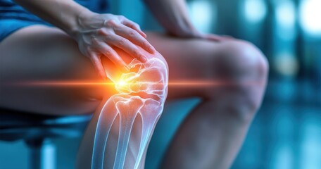 Close-up of a person holding their knee with an x-ray overlay, indicating pain or injury with highlighted area