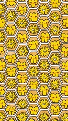 Bee honey seamless pattern Honeycomb floral yellow template background Decorative kids fabric textile design Cute hand drawn flower bouquet Yellow decorative endless paper. Printable illustration.