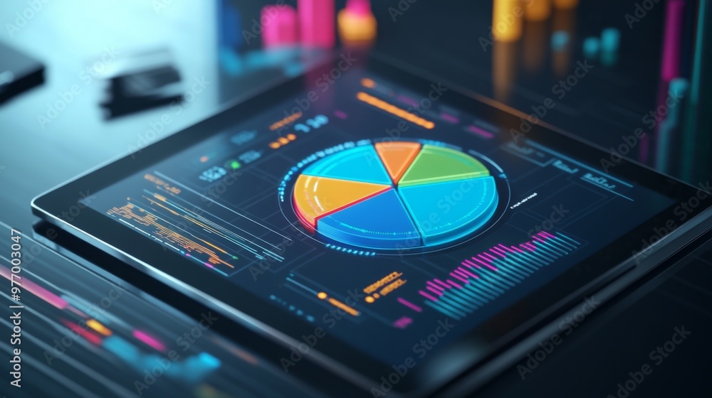 Poster A 3D pie chart displayed on a digital tablet screen, showing different data segments with vibrant colors and a clean, tech-focused environment.