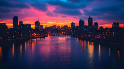 Fototapeta premium A vibrant, pink and purple sunset over a modern cityscape with a river flowing through it.