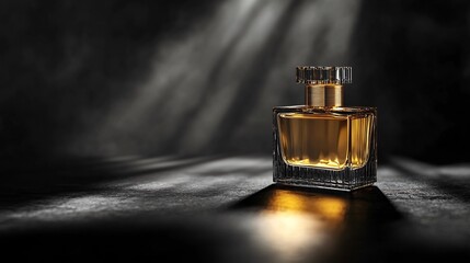 A single bottle of perfume sits on a dark background with a spotlight shining on it.