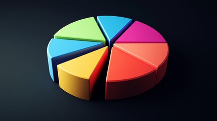 Obraz premium A 3D pie chart with multi-colored segments, including percentages and labels, set against a dark background to create a striking visual contrast.