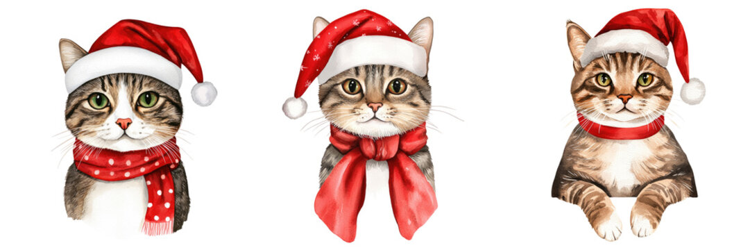 Cute cats wearing festive Christmas hats and scarves, perfect for holiday decorations and seasonal designs. Isolated on Transparent Background