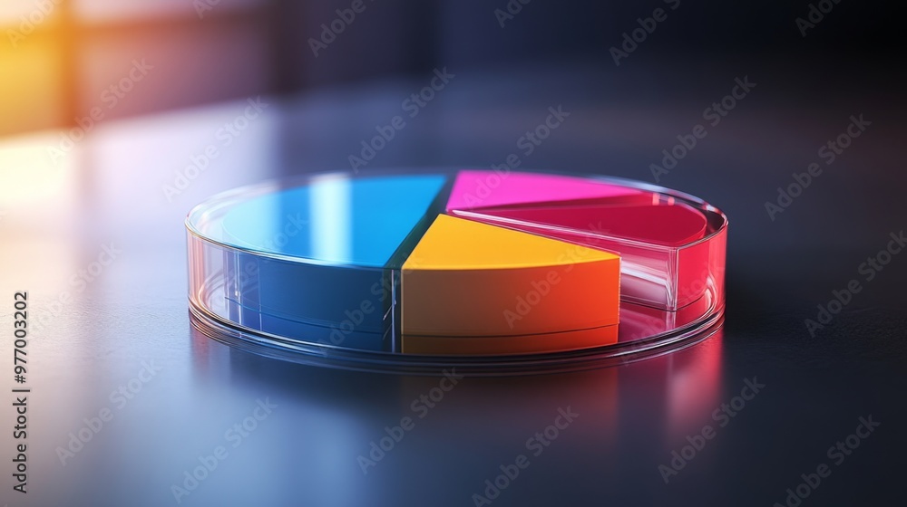 Poster a 3d pie chart with transparent slices and a floating effect, highlighting different data categories