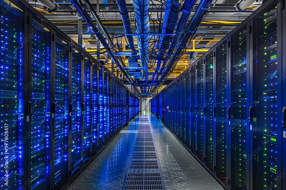 Poster network servers in data center flashing lights working