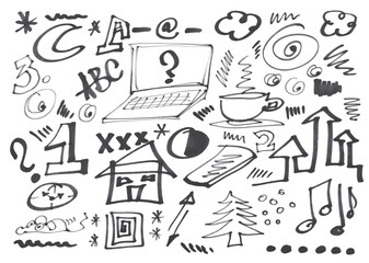 Set hand draw symbols and icon, black felt tip pen isolated on white