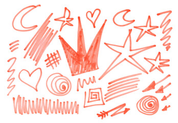 Set hand draw symbols and icon, red felt tip pen isolated on white