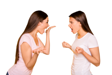 Portrait of nice-looking cute charming attractive irritated annoyed mad frustrated straight-haired girls disagreement having fight scandal claims isolated over bright vivid shine background