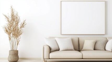 Modern living room interior with beige sofa and empty frame mockup