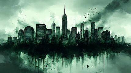 Obraz premium A watercolor painting of a city skyline with tall buildings, rendered in shades of grey and green, with a sense of mystery and intrigue.