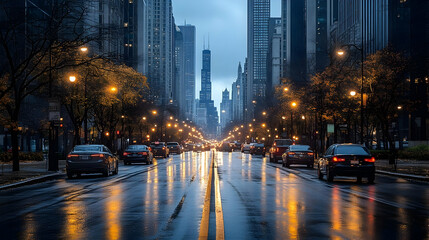 Fototapeta premium A wet city street lined with tall buildings in the evening, with cars driving along the street and streetlights shining.