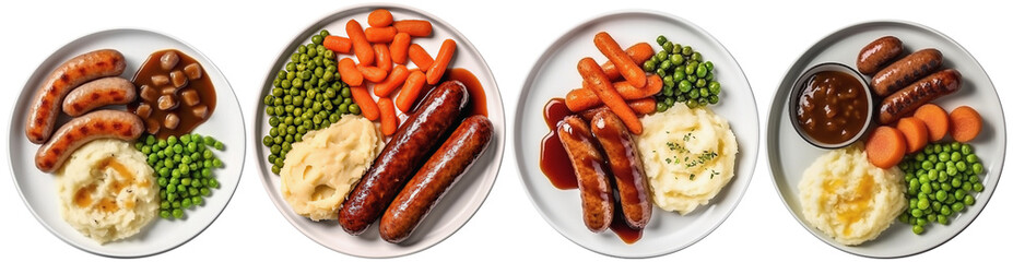 Peas with carrots, sausages, mashed potatoes and brown meat sauce on a plate, top view