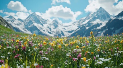 Fototapeta premium Peaceful Alpine Meadow with Blooming Wildflowers and Majestic Mountains
