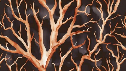 Watercolor brown branches seamless pattern, hand painted on a dark background