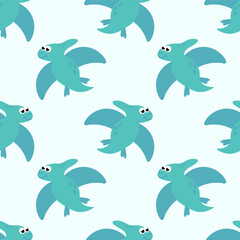 Seamless Pattern with Cute baby dinosaur. Hand drawn pterodactyl. Flat cartoon vector illustration.