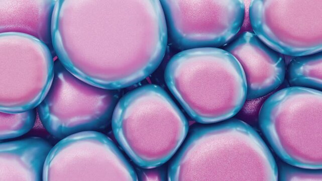 Close-up of Inflating and Deflating Bubbles. 3D render with vibrant pink and blue colors. Abstract and dynamic concept