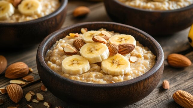 healthy breakfast options, start your day with healthy oatmeal topped with bananas and almonds for a nutritious breakfast option