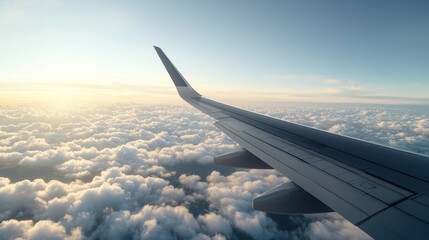 Obraz premium Above the Clouds: Airplane Wing View on Epic Adventure - Ultra HD with Copy Space