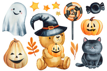 Halloween set with Teddy bear, ghost and black cat on isolated background. Hand-Painted watercolor holiday poster, card