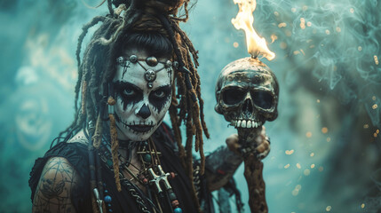 Striking portrait of witch doctor with intricate skull makeup and dreadlocks. Mystical figure holding flaming skull in ethereal smoky atmosphere. Powerful gaze, ornate accessories and occult energy