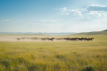 Obraz premium Raw, Untamed Beauty of a Windswept Steppe with Wild Horses Galloping