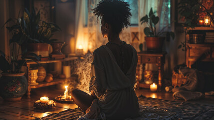 Serene meditation scene in cozy, candlelit space filled with plants. Black woman in flowing garment seated among spiritual artifacts and natural elements. Peaceful atmosphere for personal ritual