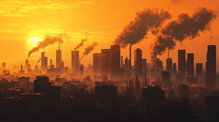 A depiction of the effects of climate change on urban areas with increased frequency of heatwaves and smog.