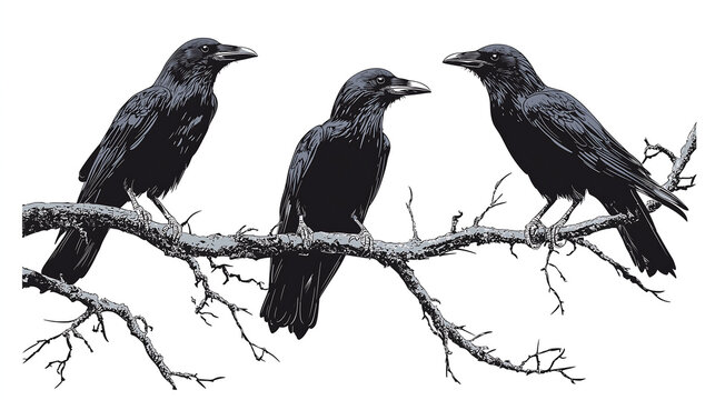 Three ravens perched on a tree branch a vector illustration against a white background