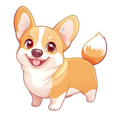 Obraz premium Playful Portrait of a Cheerful Corgi Puppy with Wagging Tail in Chibi Cartoon Style with Pastel Colors on Isolated White Background