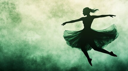Graceful silhouette of a female dancer in motion against a misty green background, conveying a sense of freedom and artistry. 