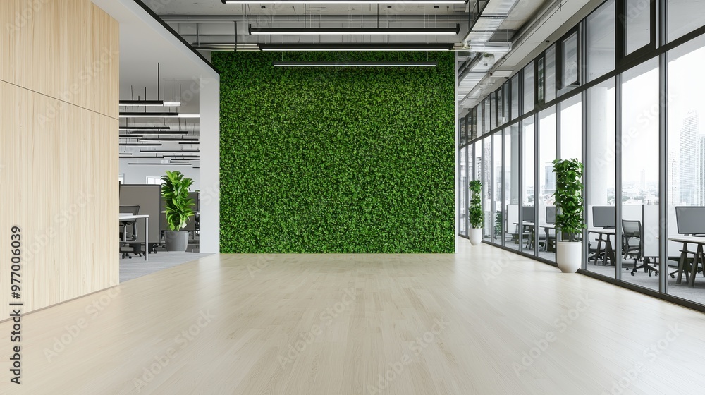 Poster modern office interior with green wall wooden floor and city view