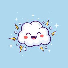 White kawaii little thunderstorm cloud with smiling face and black outline on blue background. Vector flat illustration.