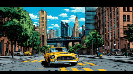 A yellow vintage car driving on a street in New York City with the Brooklyn Bridge in the background.